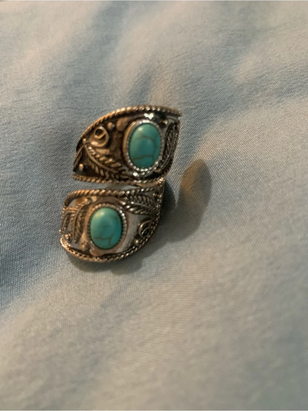 Vintage Silver-Tone Wrap Ring with Oval Reconstituted Turquoise Stones